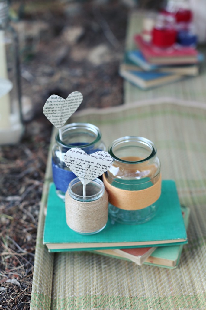 paper hearts yarn twine wrapped mason jars vintage books